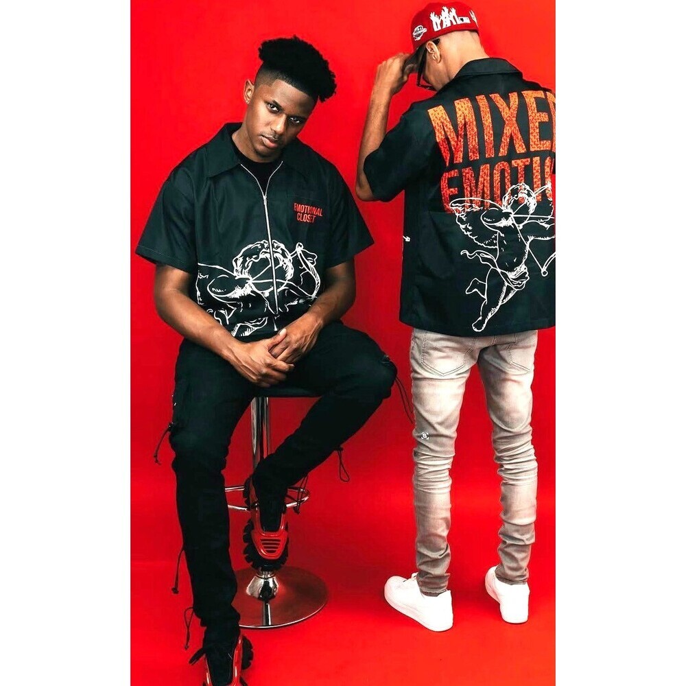 Mixed Emotion Angels Shirt Black Full Zip Short Sleeve Cupid Top Men Sz M 1422R4